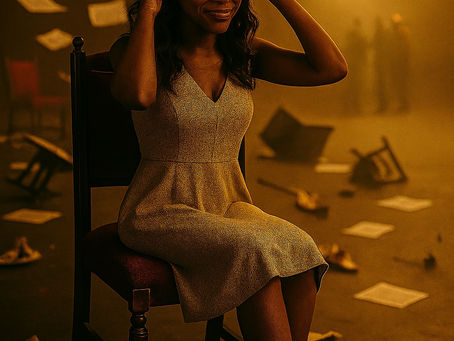 a Black woman seated in poise, adjusting her ruby-crowned legacy while chaos swirls around her. Her expression says it all: unbothered, amused, and deeply grounded.