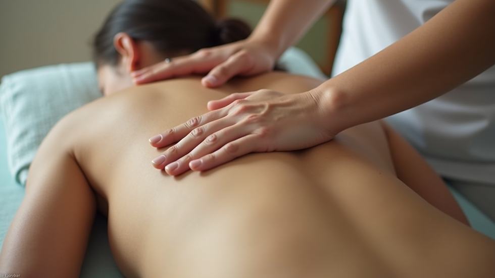 Close-up view of a massage therapist’s hands gently massaging a pregnant woman’s back