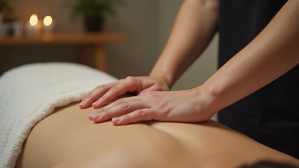 Eye-level view of a massage therapist applying pressure on a client’s back