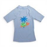 Light blue sun shirt with green alligator and palm tree design, child size