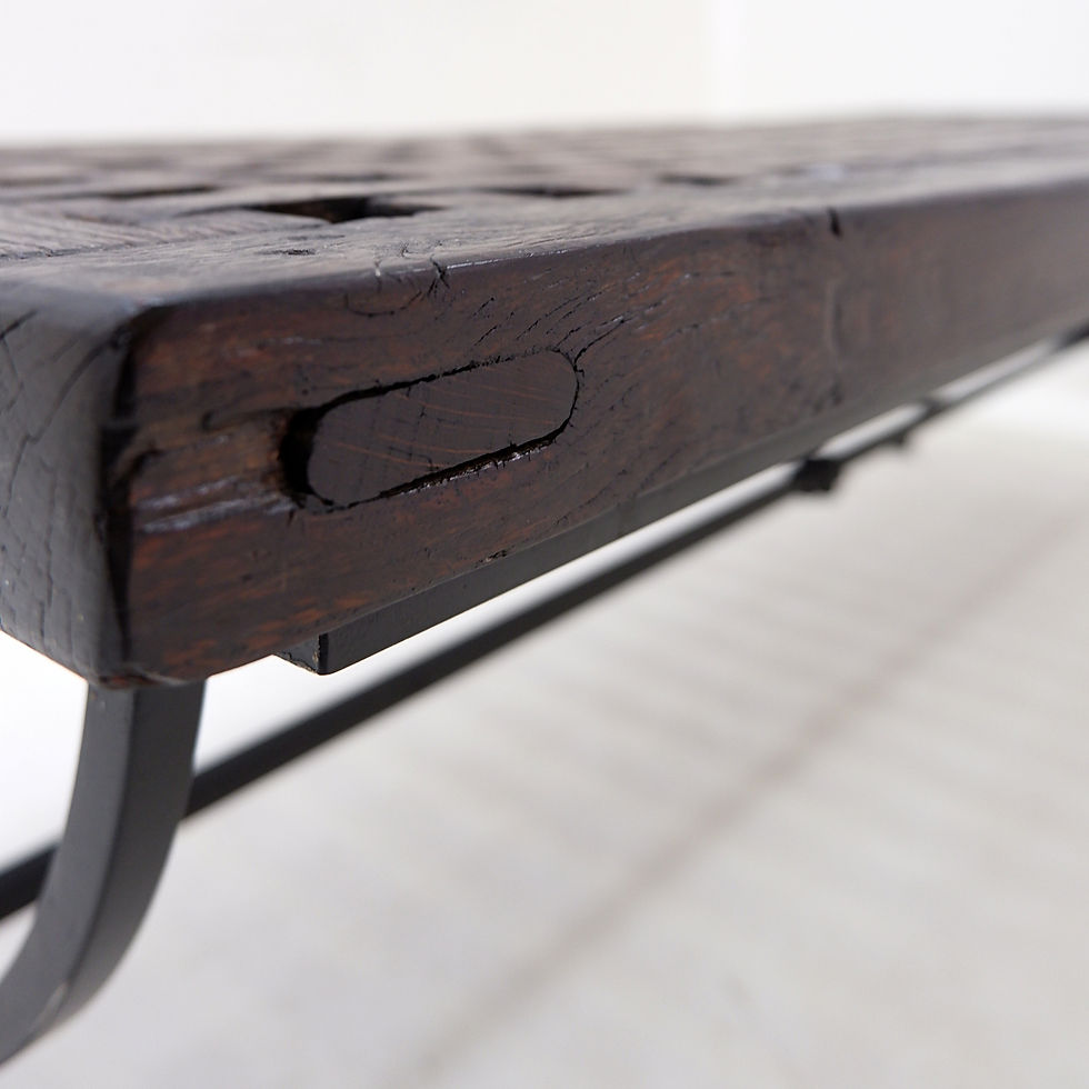 Miniature : Coffee Table in solid wood with openwork design and wrought iron legs