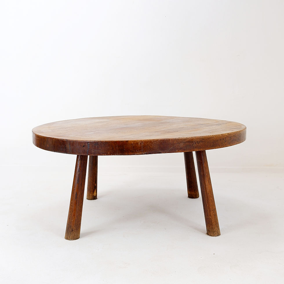 Miniature : Brutalist vintage massive oak wood round coffee table Ø105cm