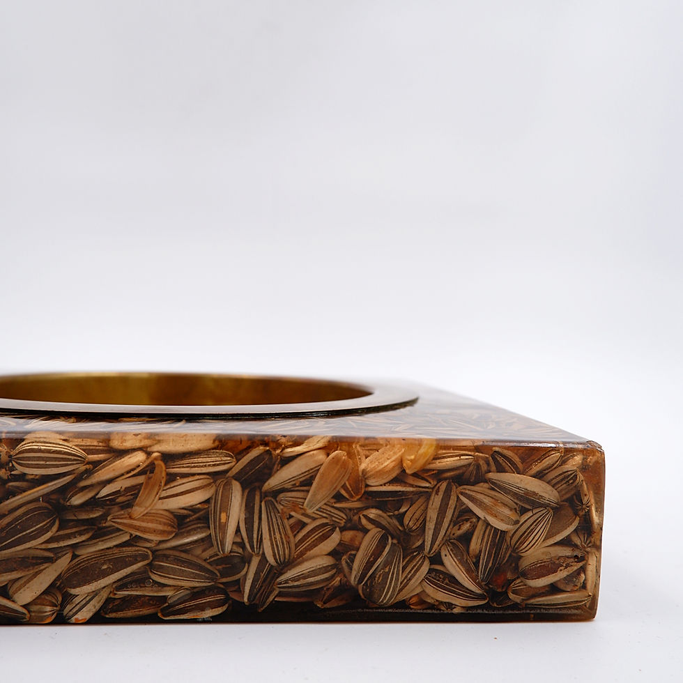Miniature : Large square brass and epoxy "vide poche" with inclusion of seeds