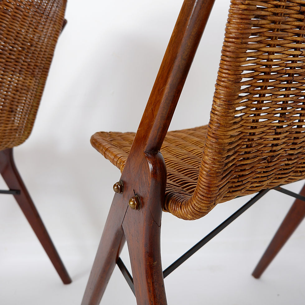Miniature : Compass chairs in wood and wicker - 1960s - 3 available