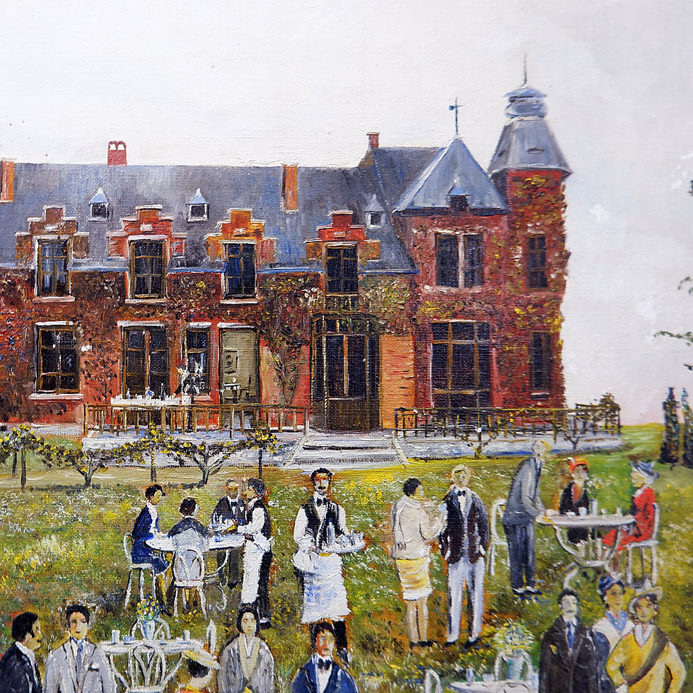 Miniature : Painting on canvas, genre scene in the garden of "Château Jourdain" - 20th