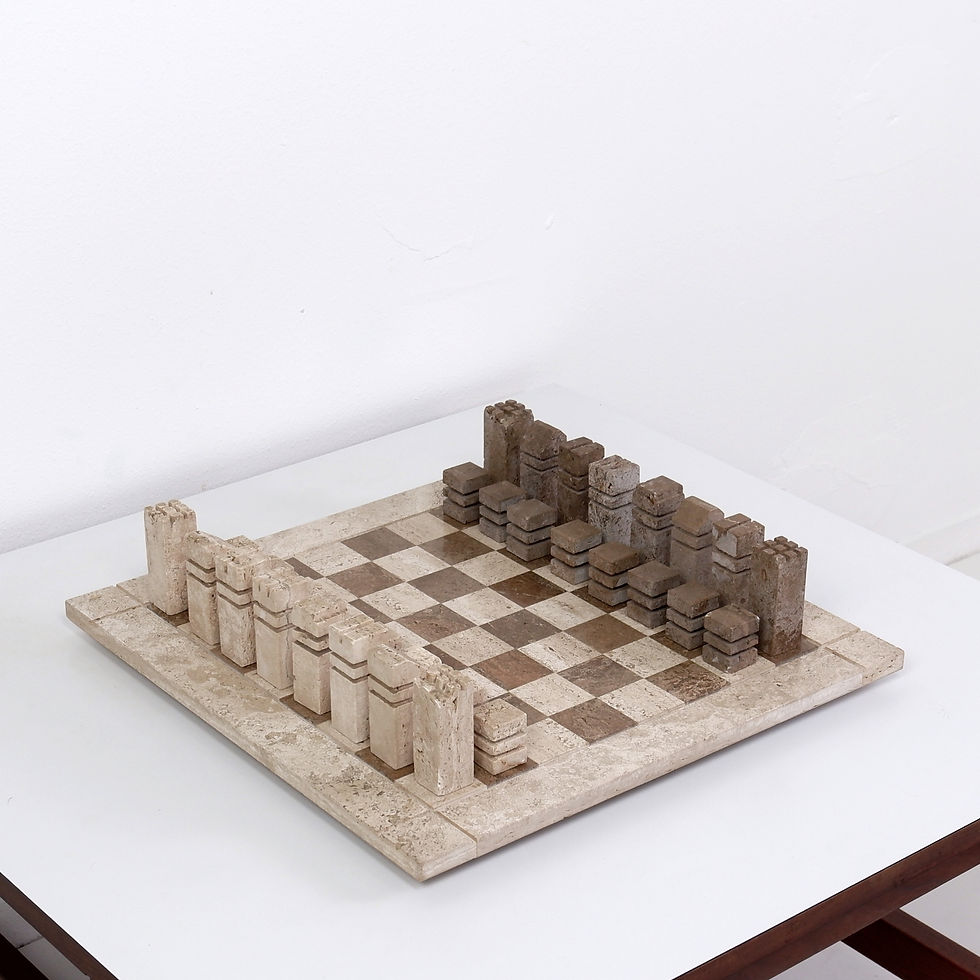 Miniature : Modernist Chess Game in Two Colored Travertine, Italy 1970s