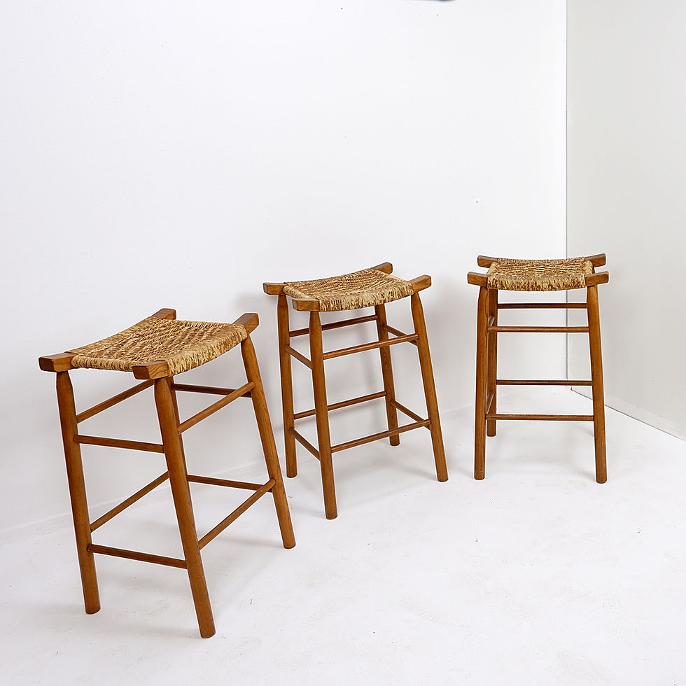 Miniature : Set of 3 bar stools in Oak and Rush woven seat