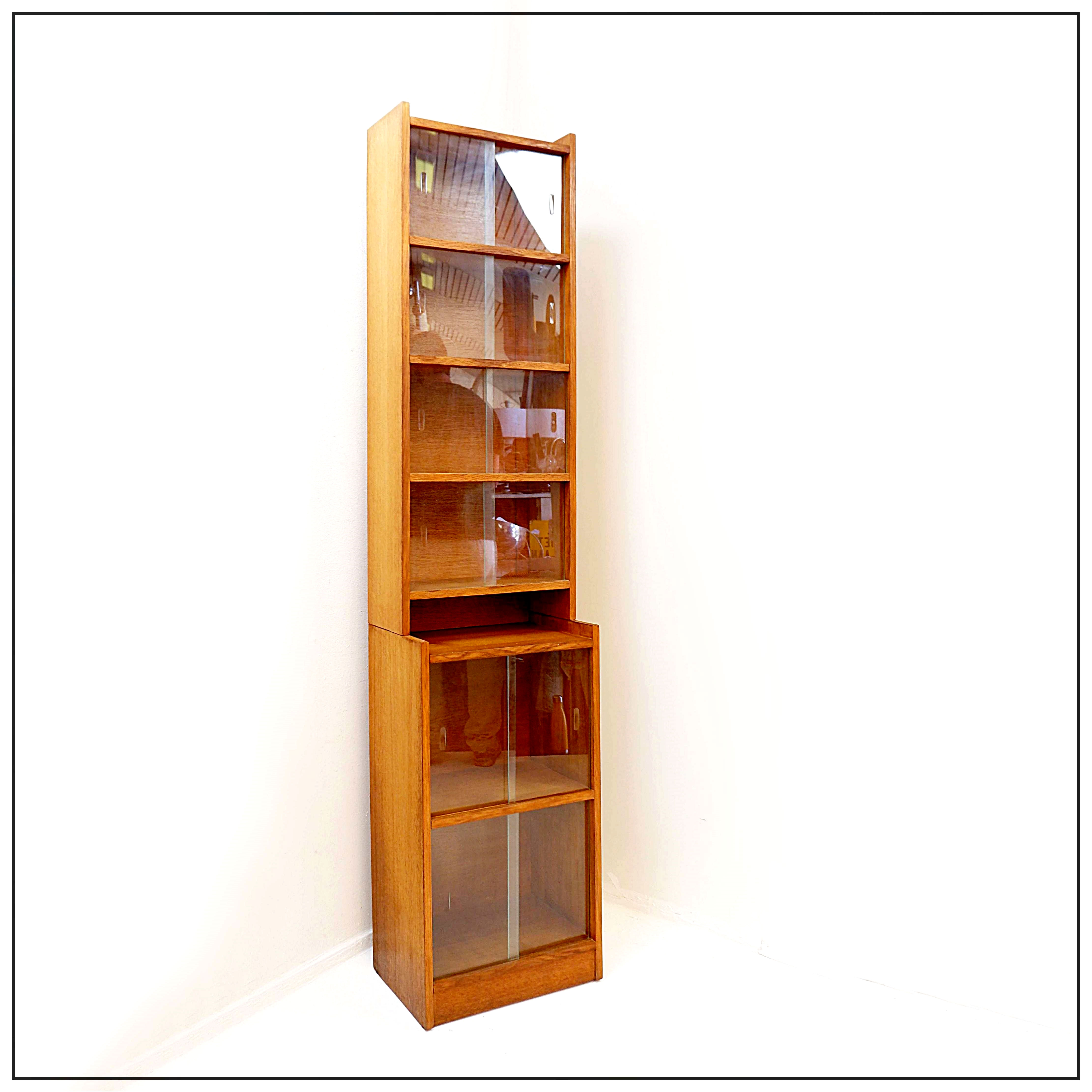 Tall Vintage Mid Century Glazed Bookcase - 1960s