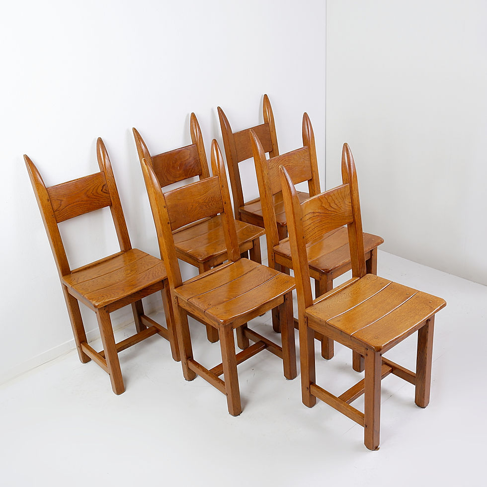 Miniature : Set  of 6  Oak Brutalist Chairs - 1970s
