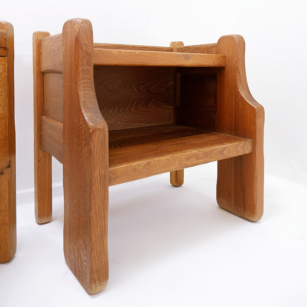 Miniature : Pair of Brutalist solid oak bedside tables by De Puydt - 1970s