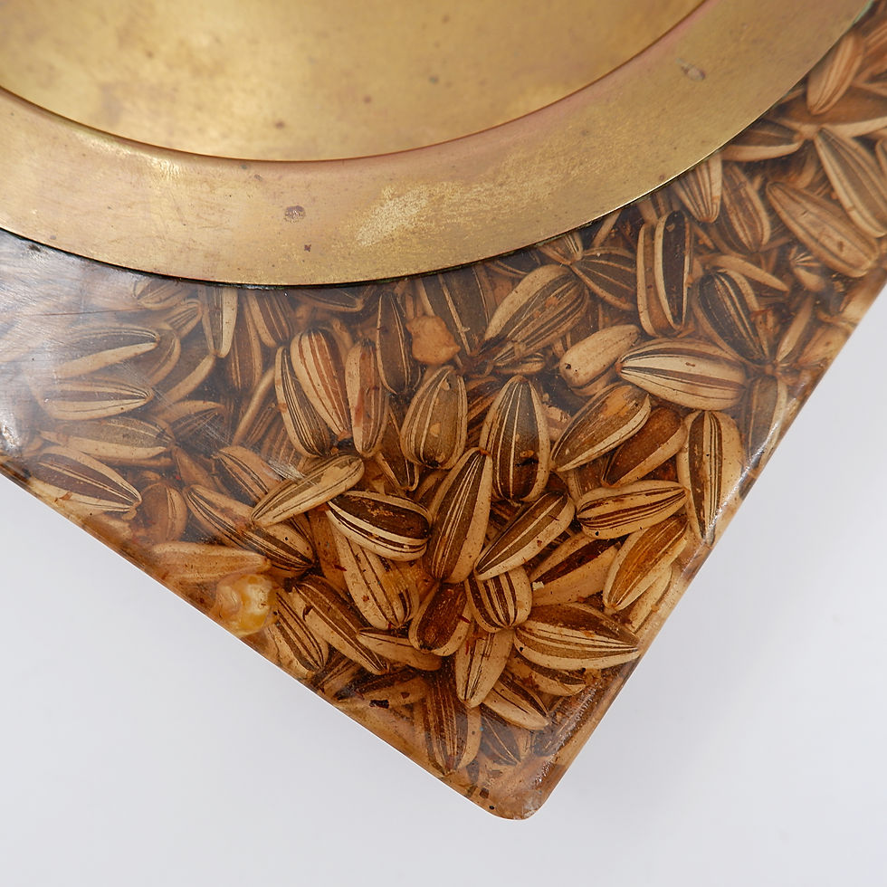 Miniature : Large square brass and epoxy "vide poche" with inclusion of seeds