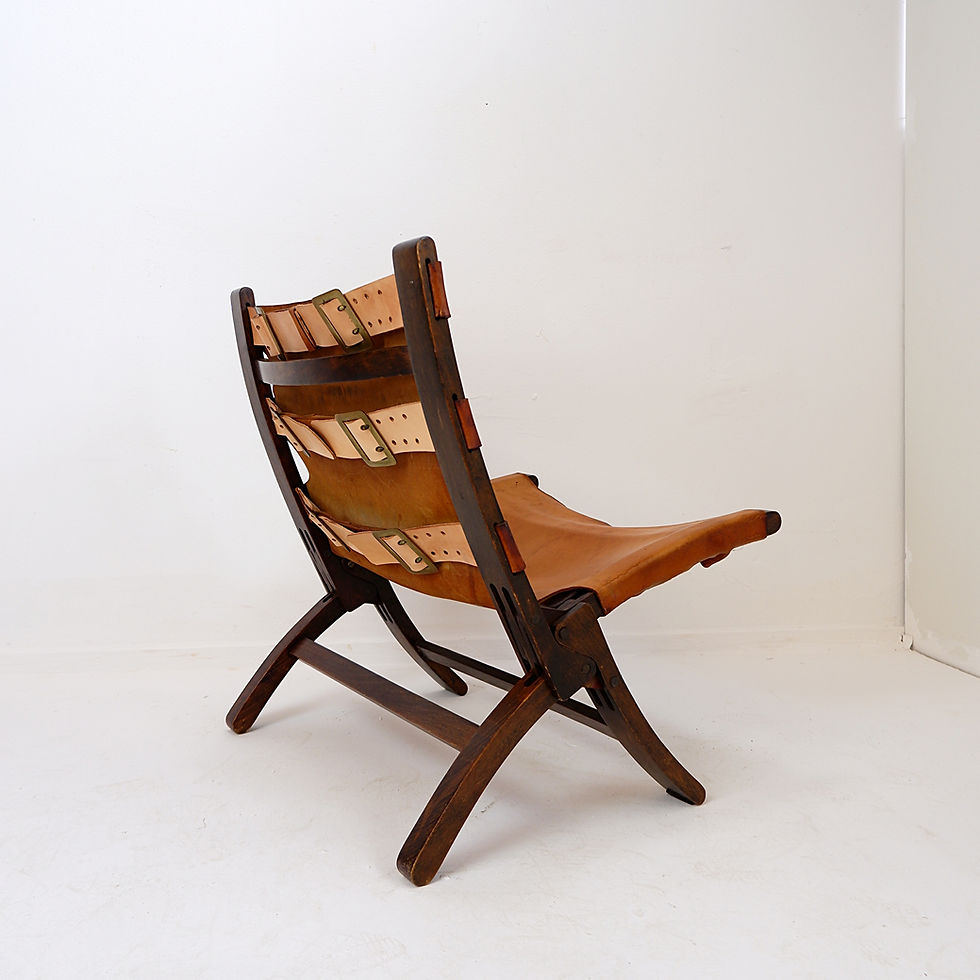 Miniature : Mid century leather and wood folding armchair,  1950s