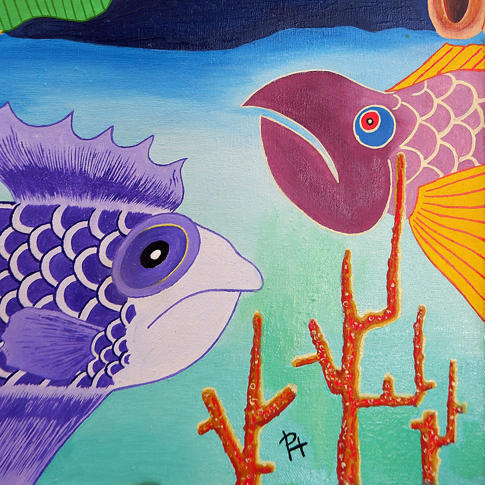 Miniature : Oil on canvas "colored fish" - Signed lower right - Latin America - 1998