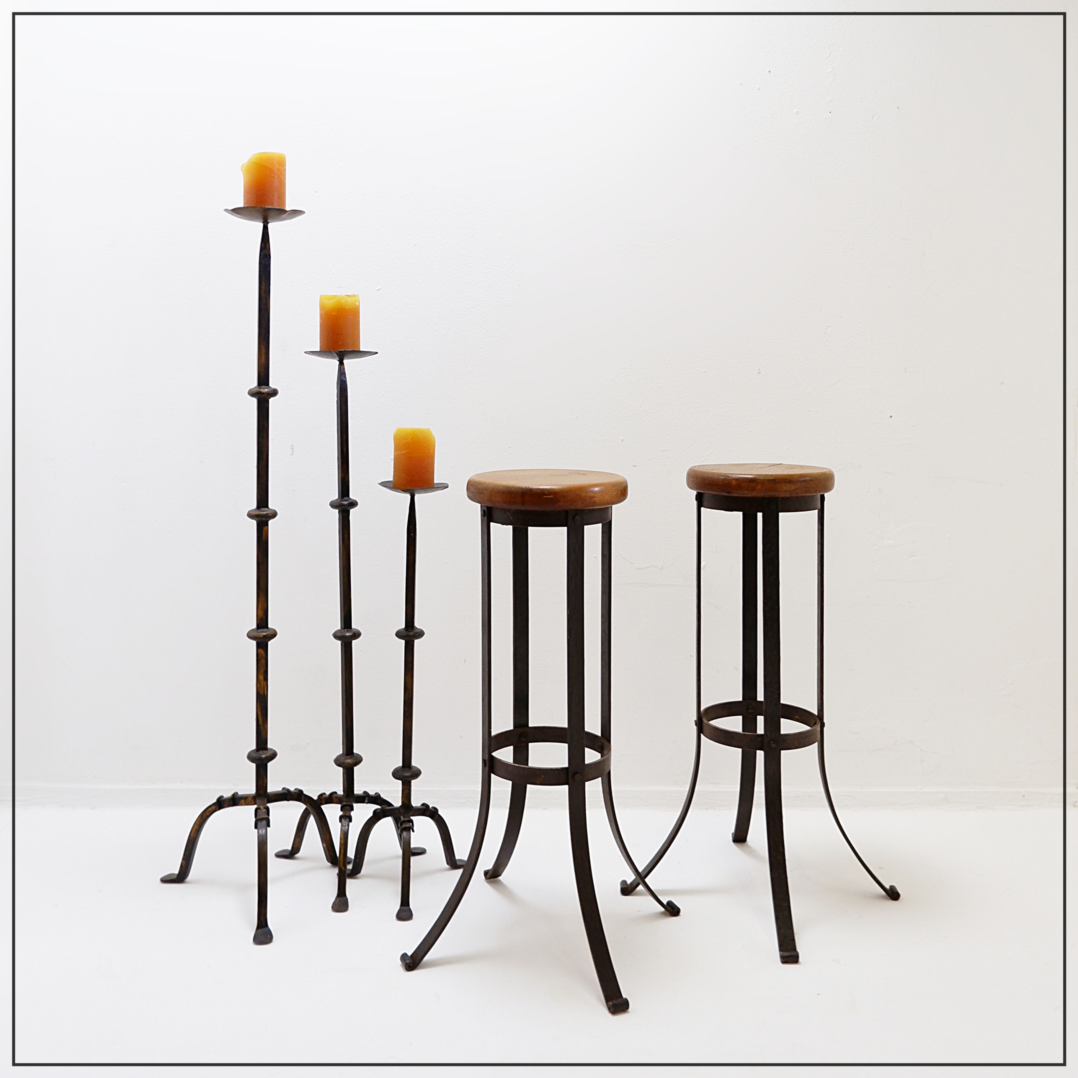 Pair of brutalist bar stools in oak and wrought iron, 1960s