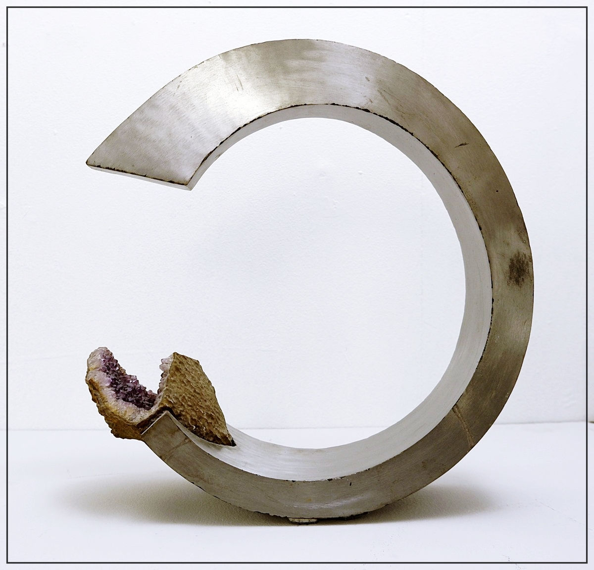 Brushed Aluminum and Amethyst Arc Sculpture