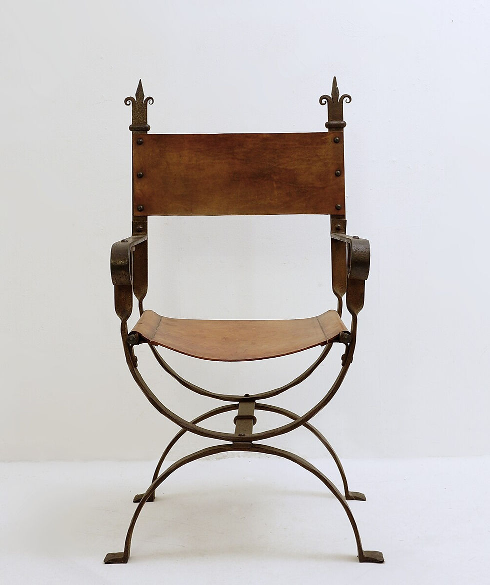 Thumbnail: Curule armchair in wrought iron and leather