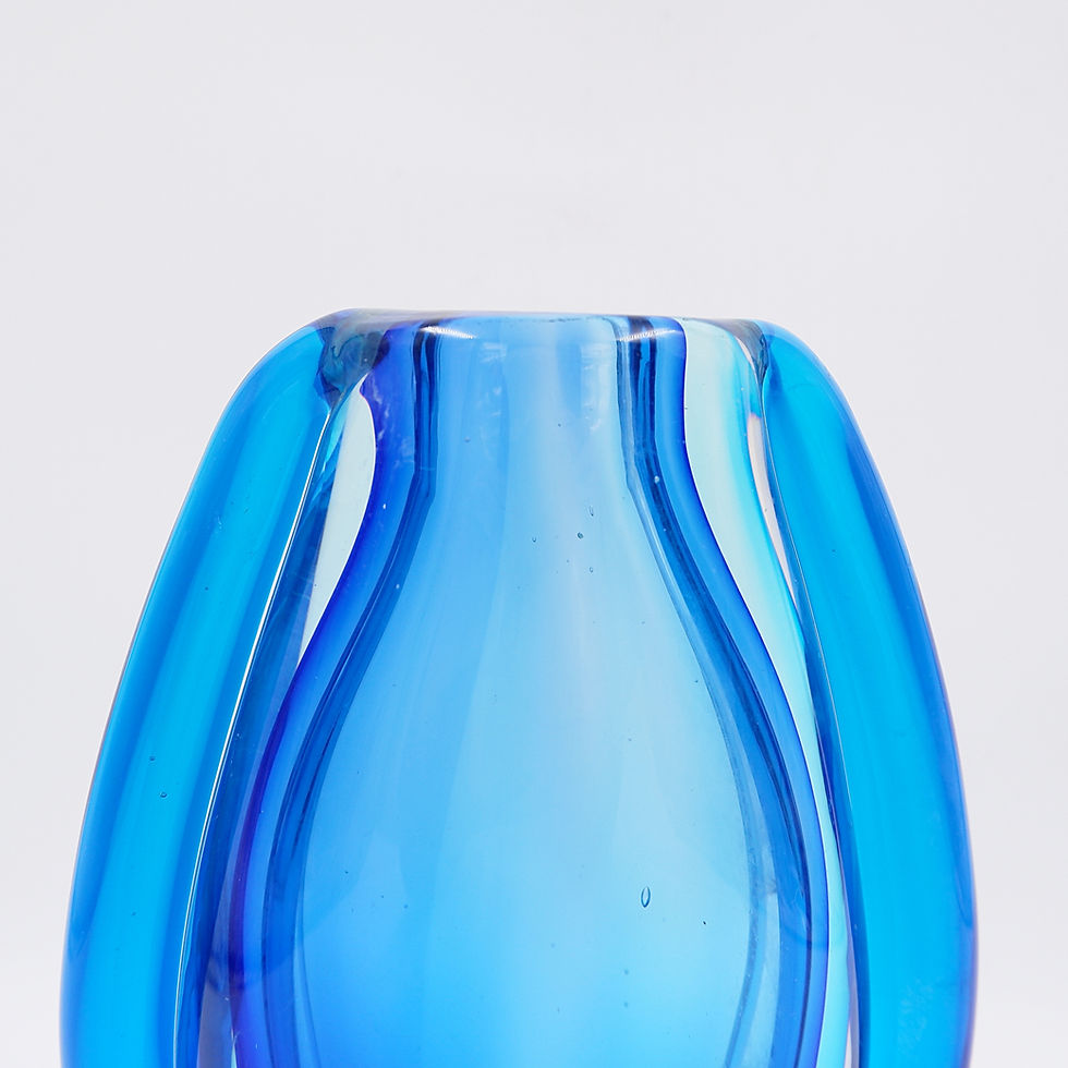 Miniature : Oval glass vase in shades of blue, in the style of Sommerso