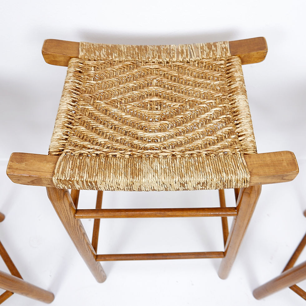 Miniature : Set of 3 bar stools in Oak and Rush woven seat