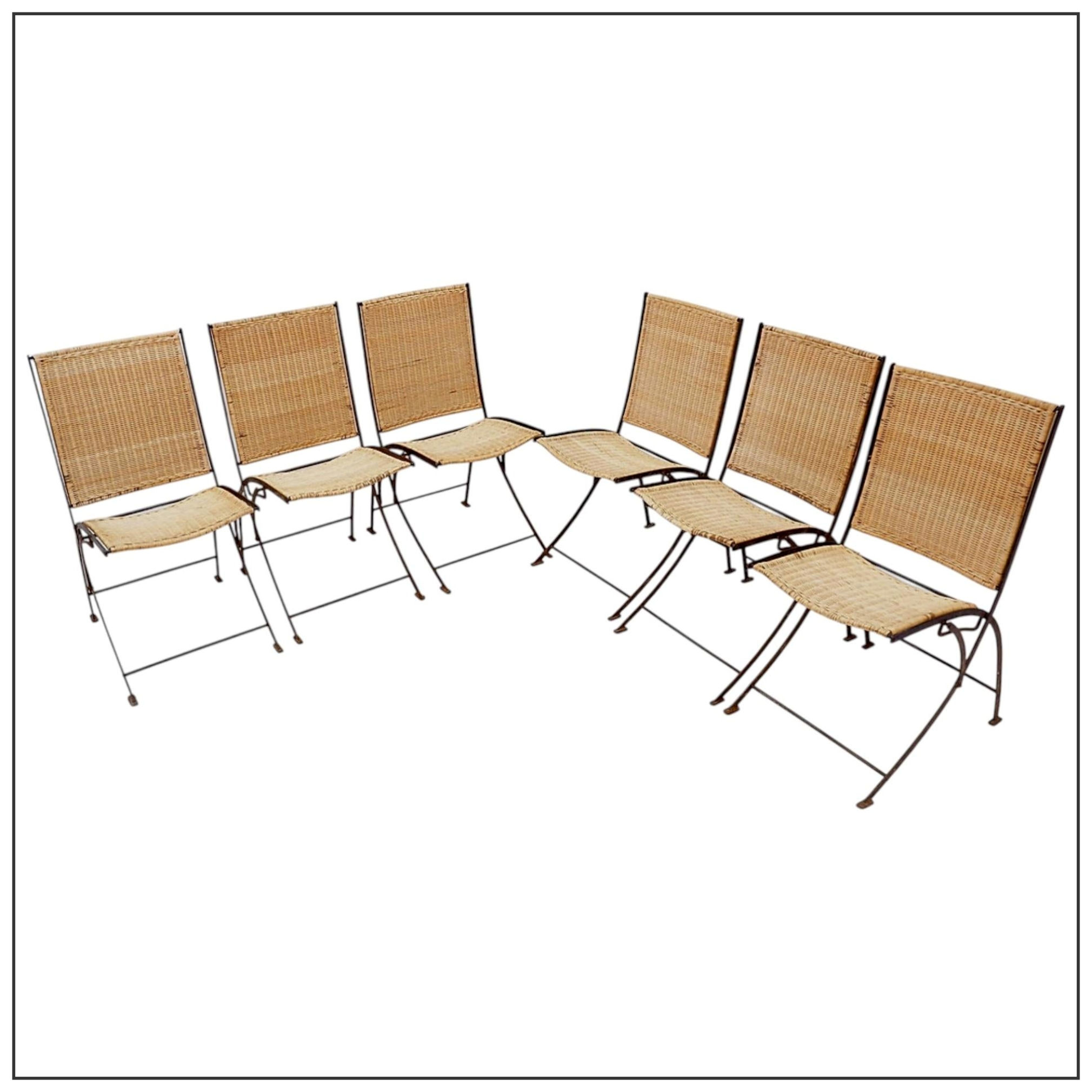 Set of 6 Mid-century French folding chairs in wicker and iron, 1960s
