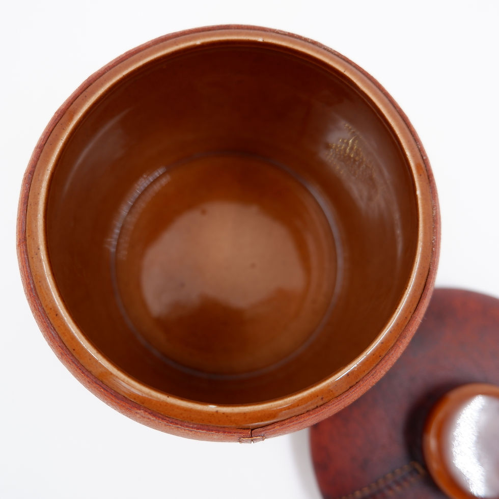 Miniature : Vintage Longchamp Tobacco Humidor Leather & Ceramic Jar