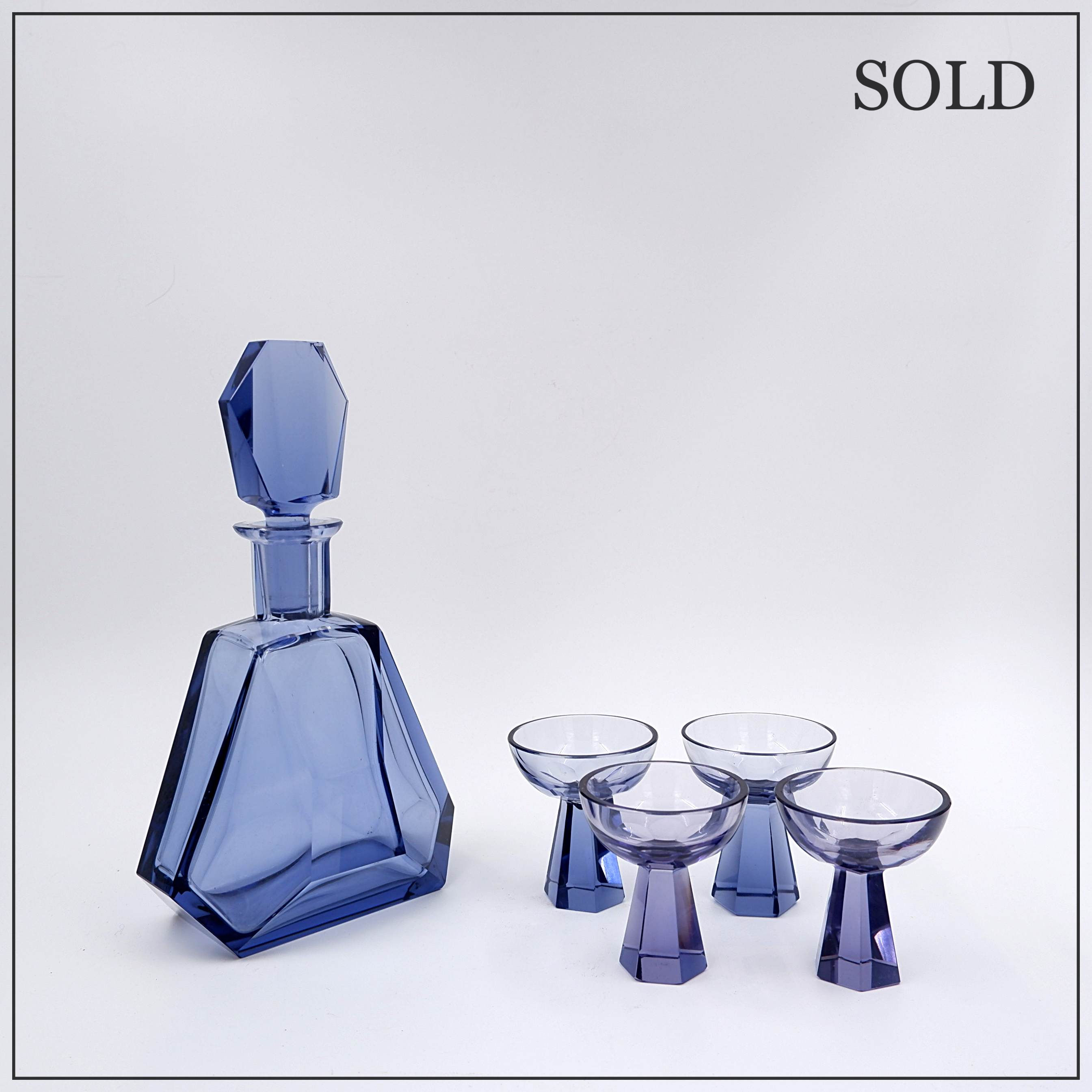 Art Deco Czechian Blue Cut Crystal Cocktail Set, 1930, Set of 5