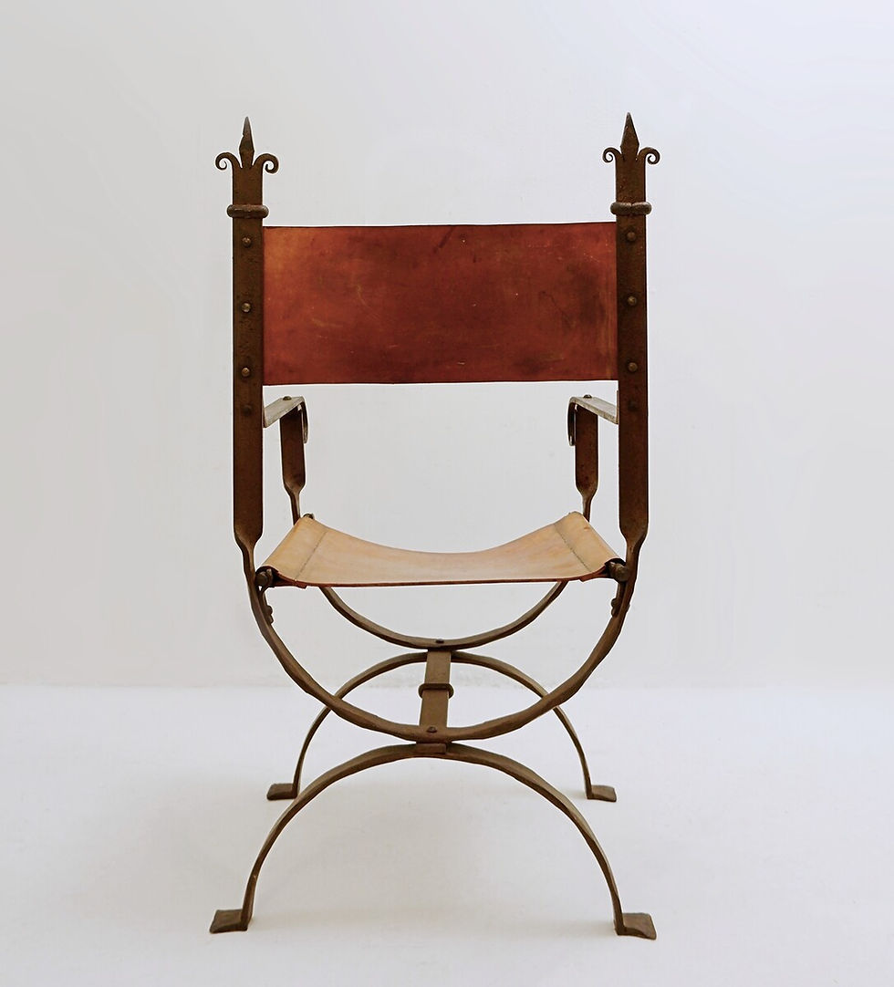 Miniature : Curule armchair in wrought iron and leather