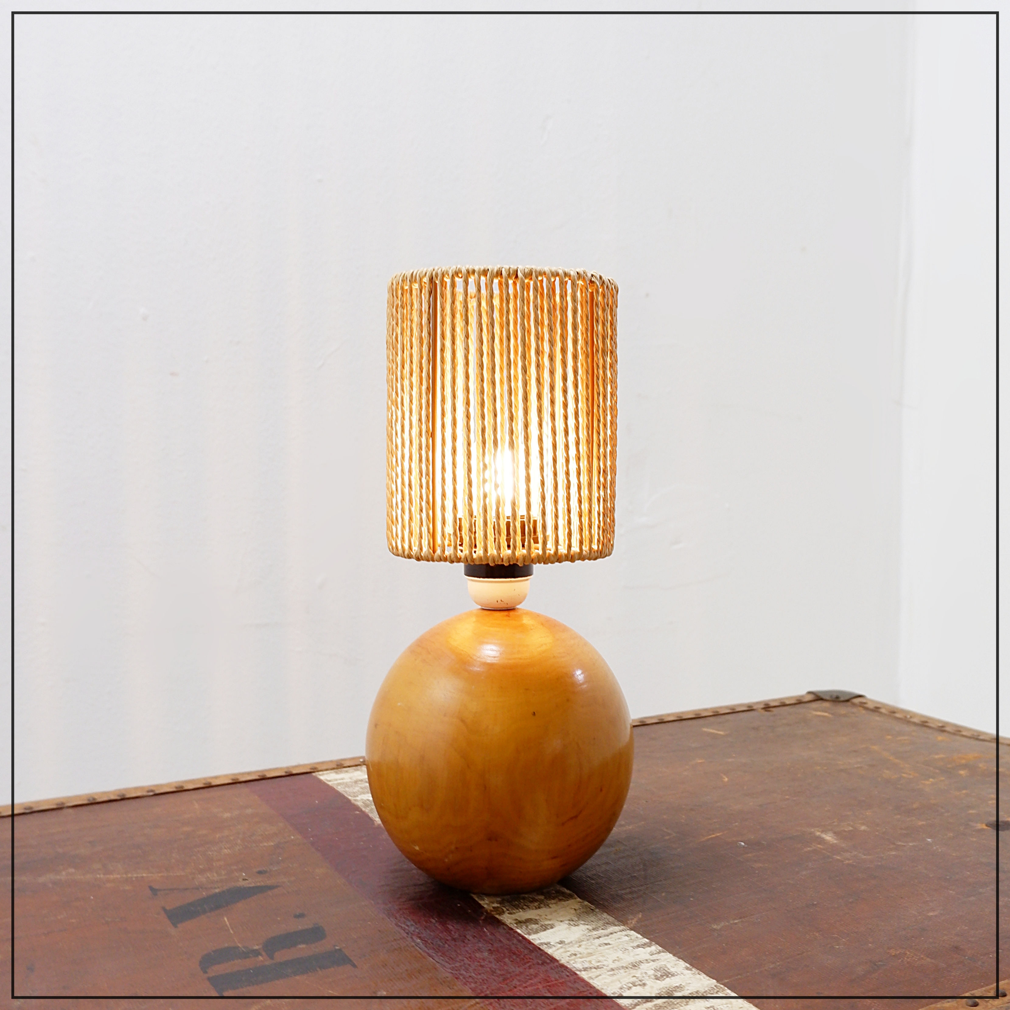 Vintage Bohemian Bedside or Table Lamp in Wood & Rope - 1970s
