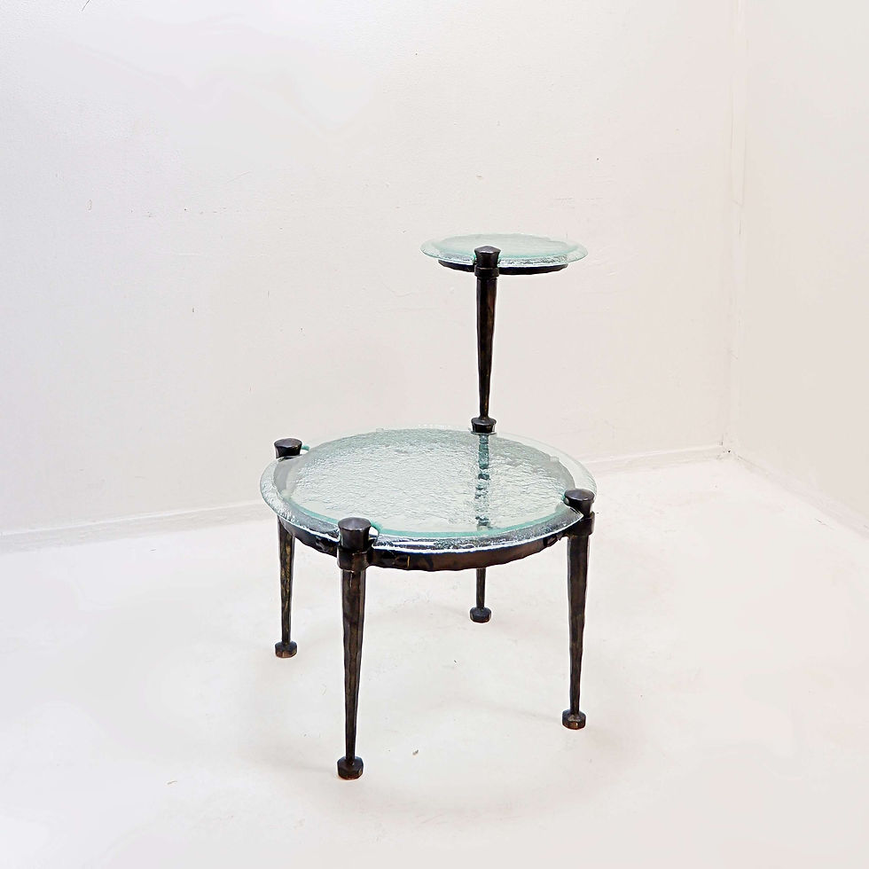 Miniature : Wrought iron round side table with aquamarine glass - Lothar Klute Style - 1980s