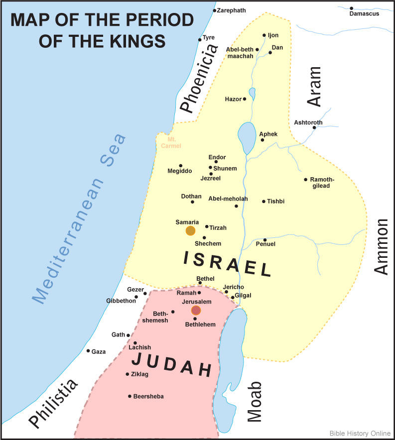 This map, courtesy of Bible History, shows the relative size of the two kingdoms of Israel and Judah. Often at war with each other, the kingdom of Israel was significantly larger and more powerful than the kingdom of Judah.