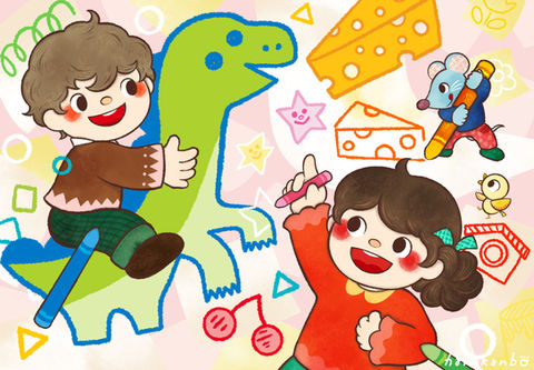 お絵かきするこどもだち／イラストレーター はるかんぼ