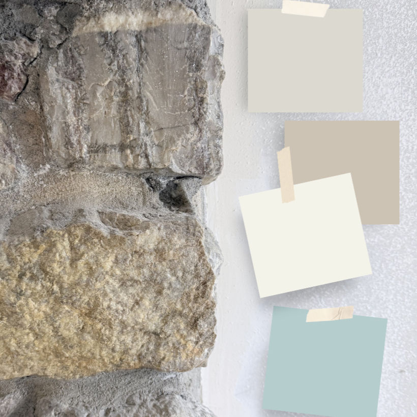 A quiet moment in the process, studying the tones in the stone and choosing a palette that feels at home beside it.