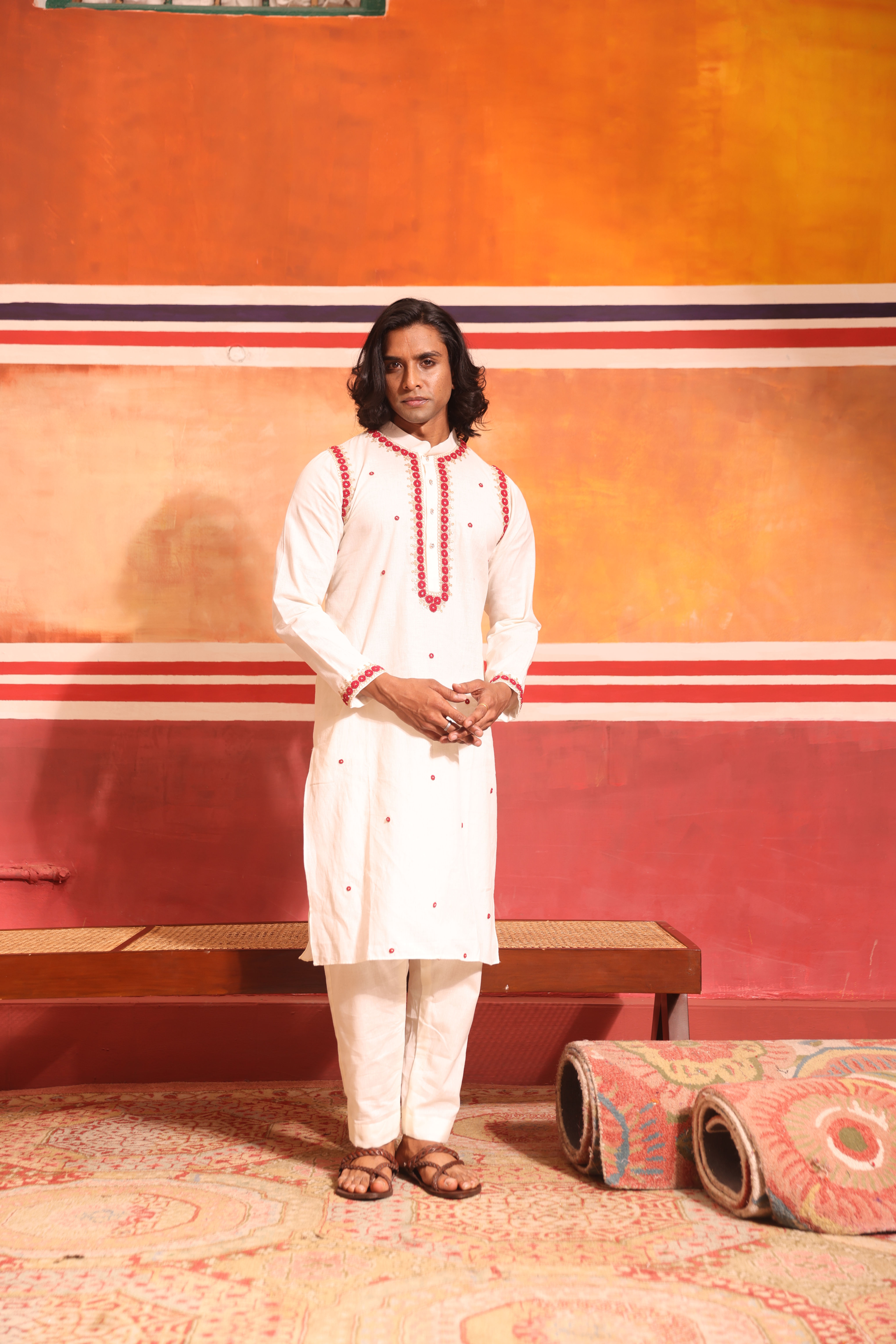 White Jardausi Knotted Kurta Pajama Set
