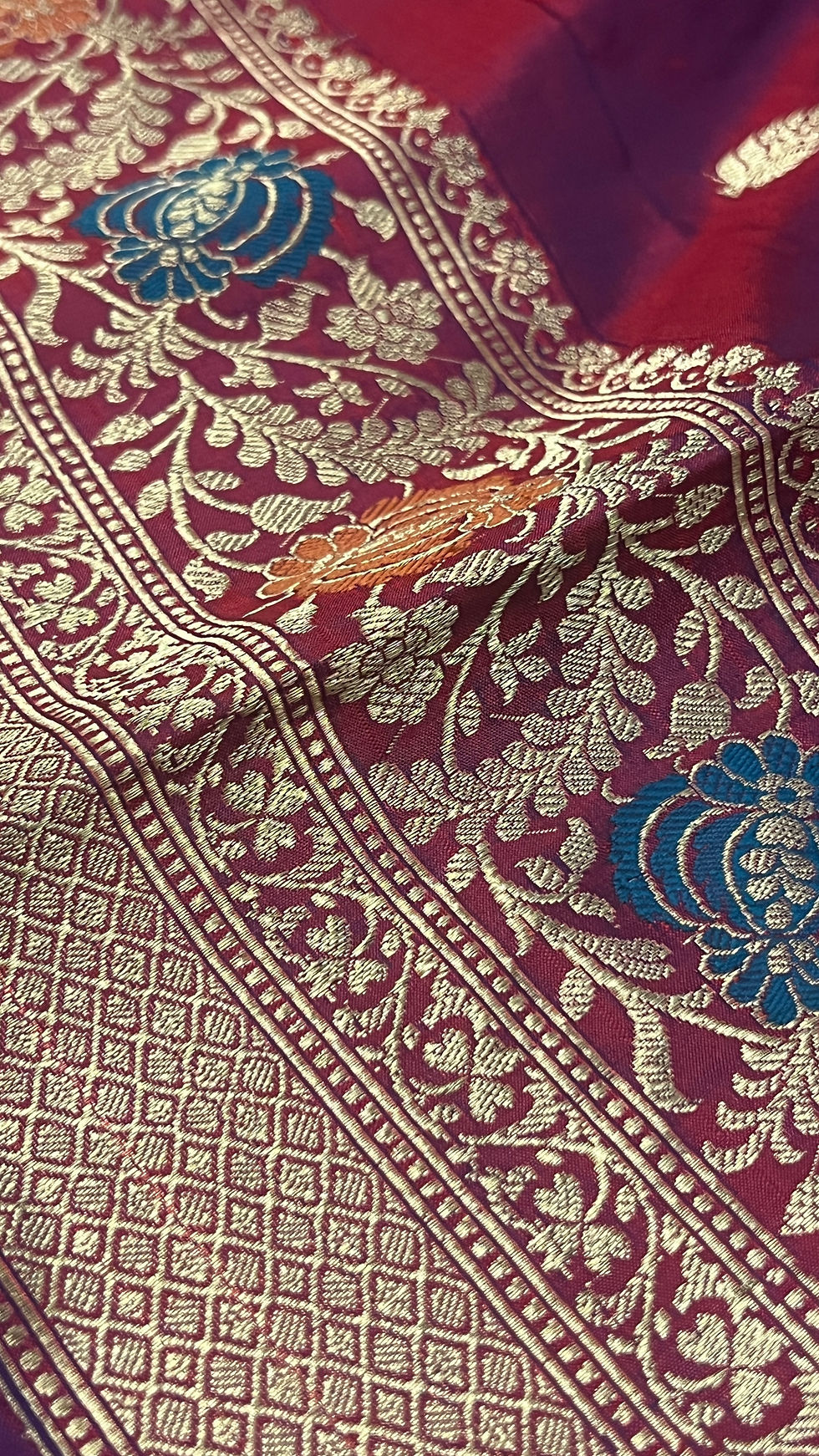Rani Bagh at Dusk pink Banarasi saree with teal-orange Meenakari floral border