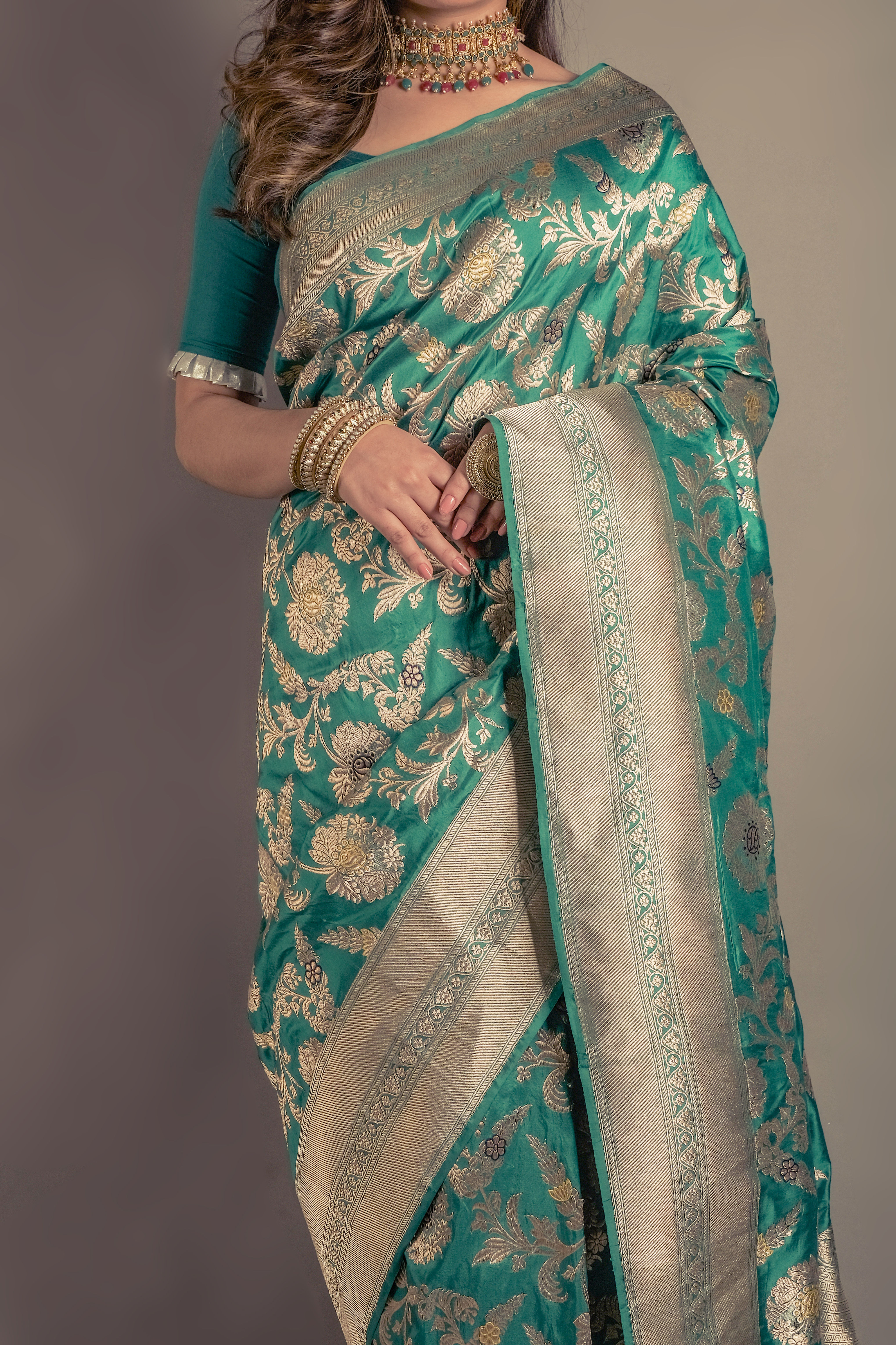 Sea Green Kadwa Jangla Banarasi Saree