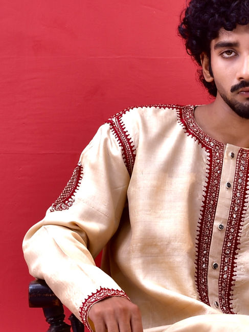 Sujatam-Tussar-Groomswear-beige_maroon_kolkata