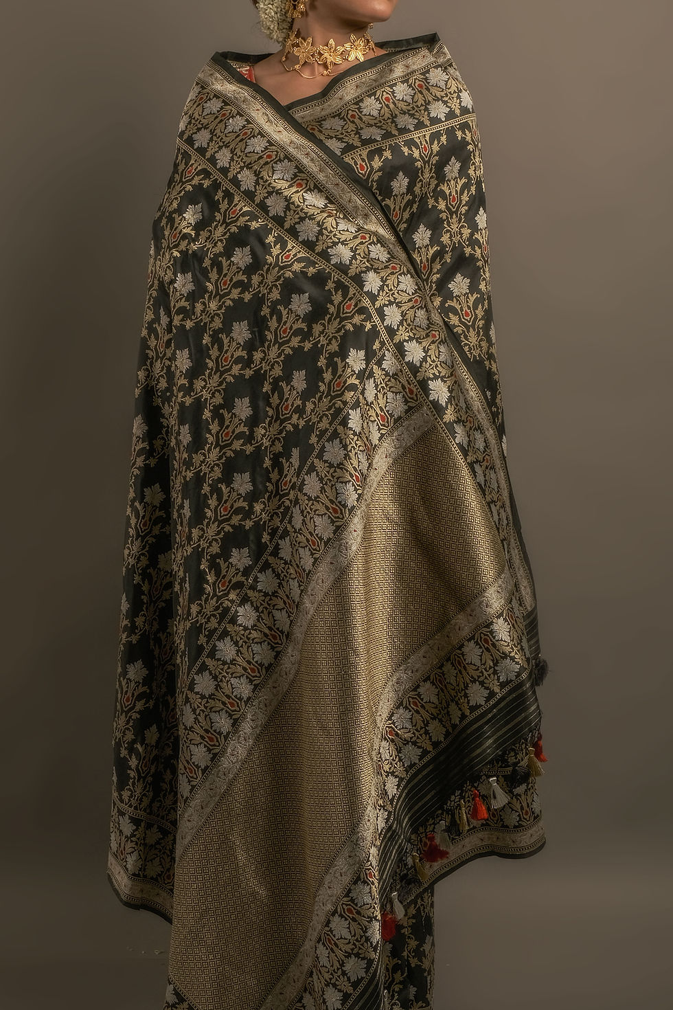 Midnight Black Kadwa Jangla Meenakari Banarasi Saree