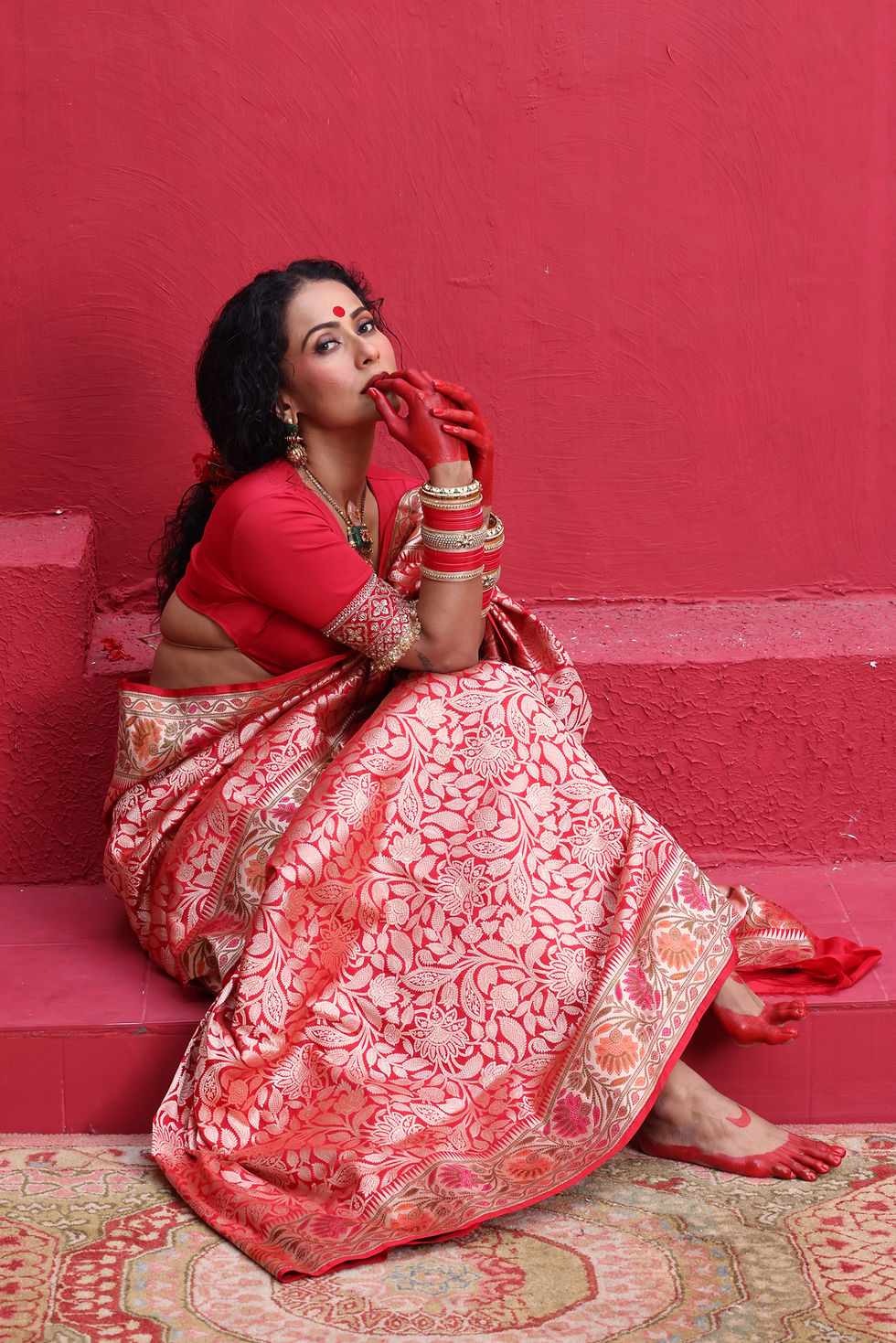 Thumbnail: Ornate Meenakari Gold Zari Pallu of an authentic Sujatam Vermilion Bridal Banarasi