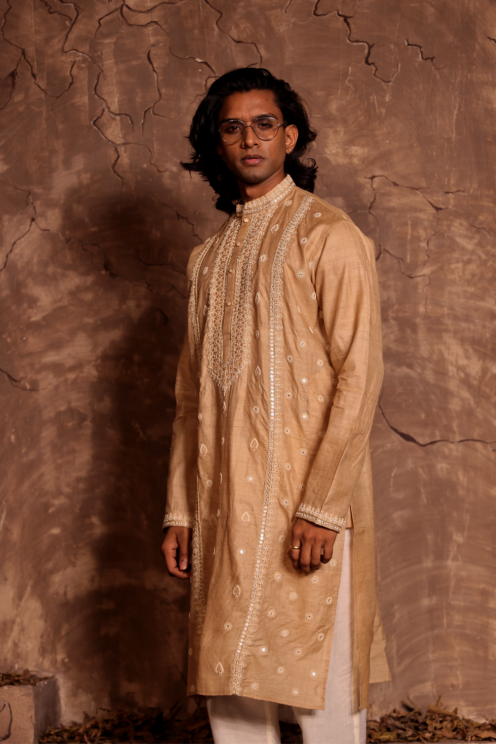 Thumbnail: Golden Beige Pure Tussar Silk Kurta and Pajama Set
