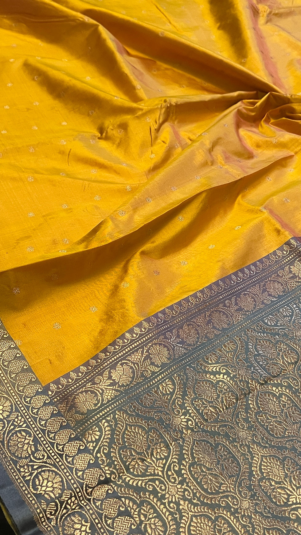 Marigold Nocturne yellow Kadhua Banarasi saree with charcoal-grey Kodiyal border and tested-zari pallu