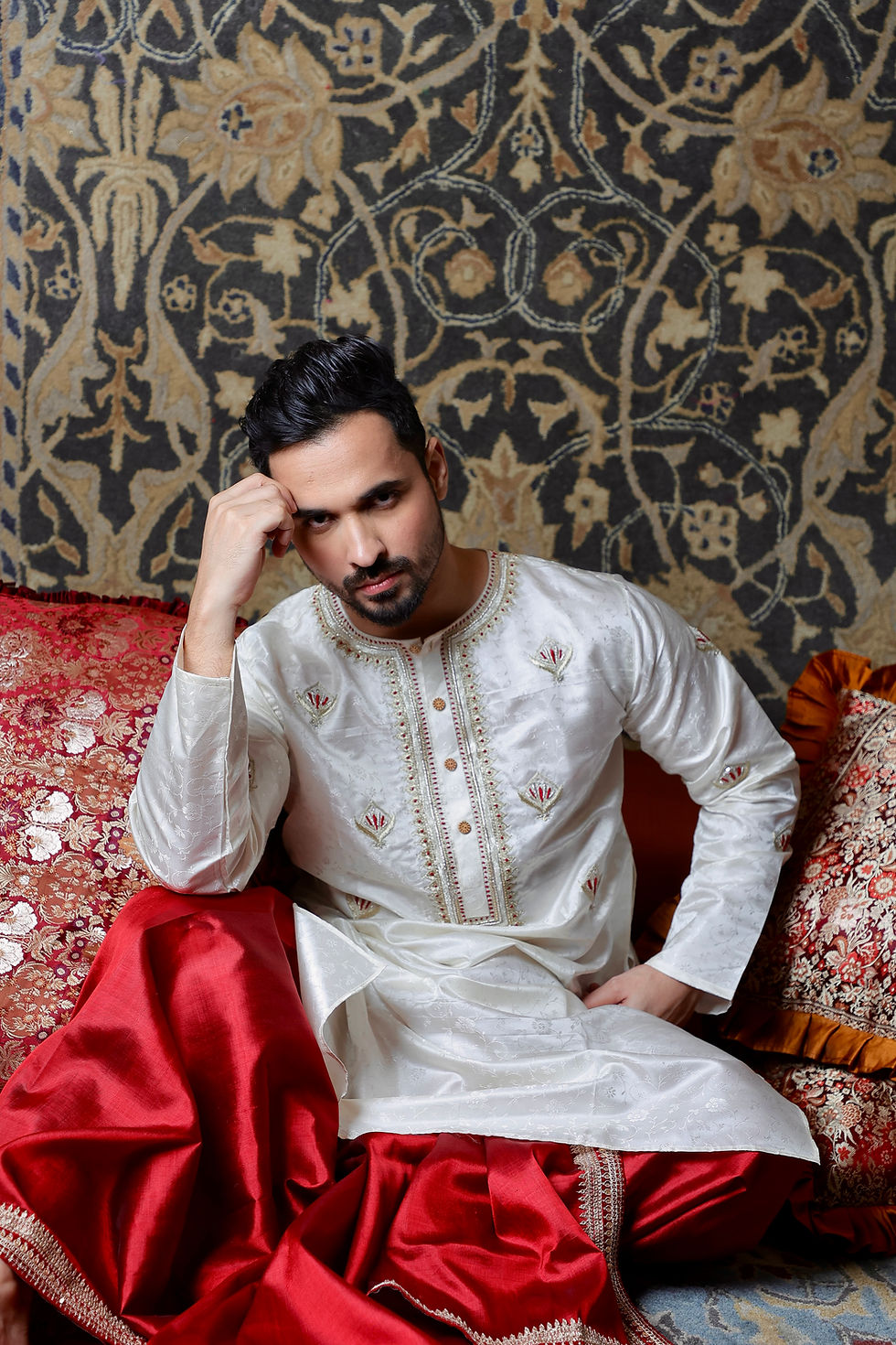 White Katan Tanchoi Mens Jardausi Worked Kurta and Dhoti Set