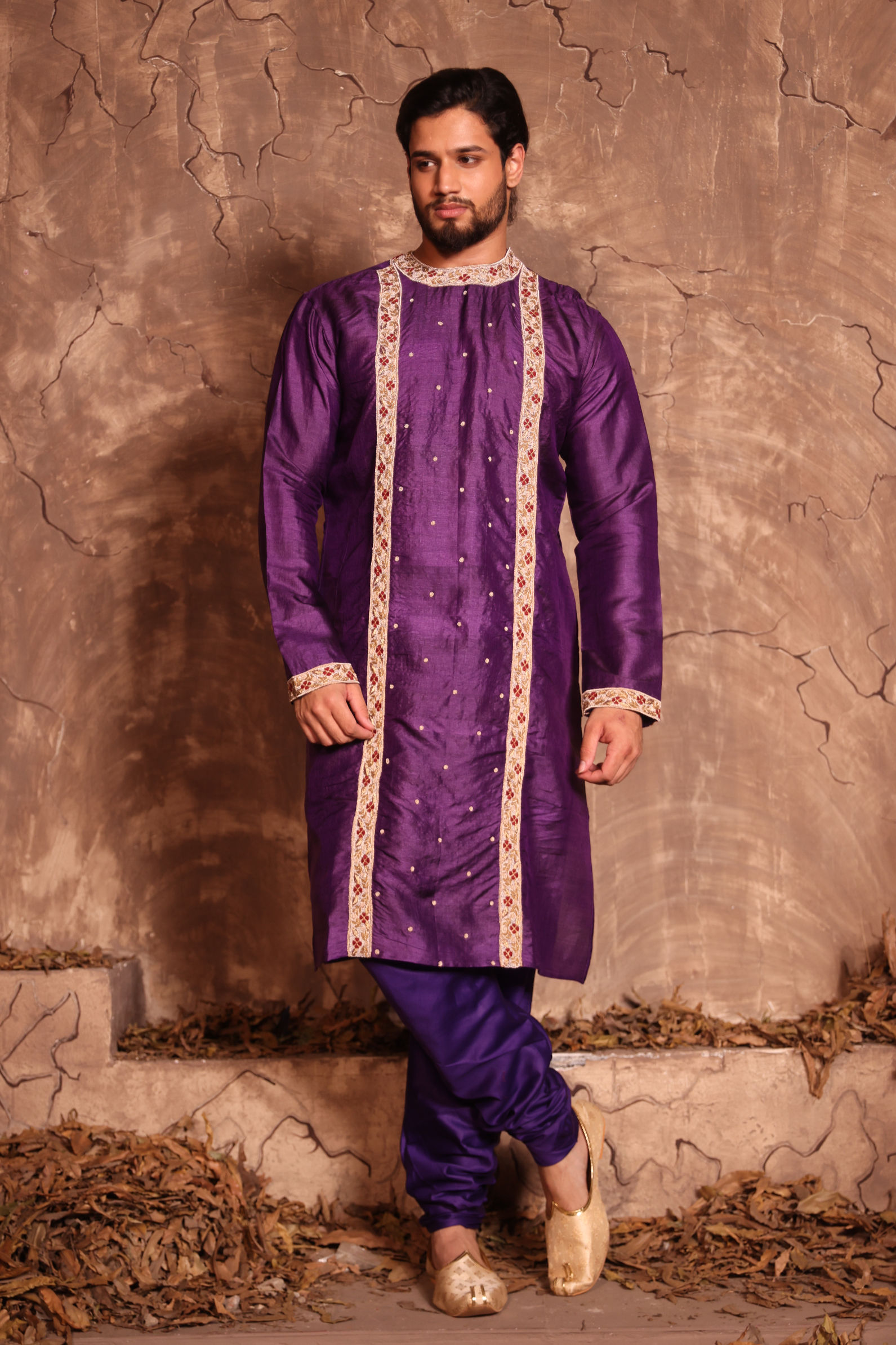 Purple Tussar Silk Jardausi Embroidary Kurta Pajama Set