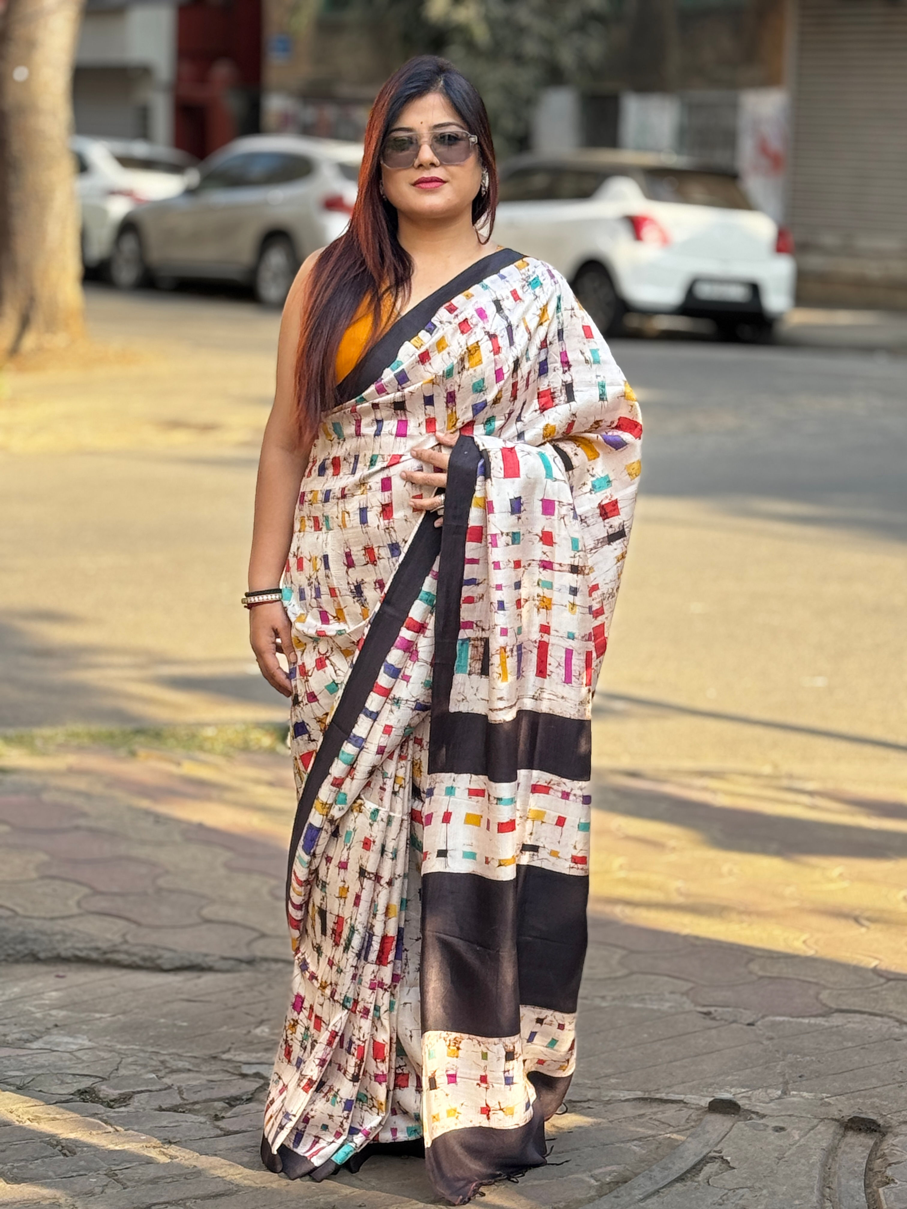 Pure Silk Saree with abstract Hand Batik Art - Sujatam Atelier Kolkata