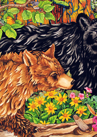 June Forest is an ortiginal watercolor painting by Kendahl Jan Jubb. This painting is two black bears in Glacier National Park in Northwestern Montana. The Montana wildflowers that Kendahl Jan Jubb included in this watercolor painting are Arrowleaf Balsamroot, Arnica, Paintbrush, Lady Slipper,  and Lupine in a forest of Ponderosa Pine and Aspen. There are Swainson's Thrush, Yellow Rump Warbler and Rufous Hummingbird.