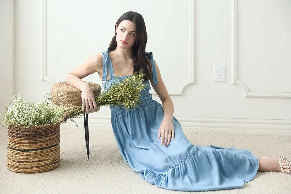 Thumbnail: Chambray Smocked Tie Strap Maxi Dress