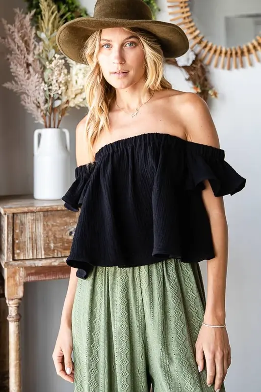 Thumbnail: Solid Ruffled Off Shoulder Crop Top