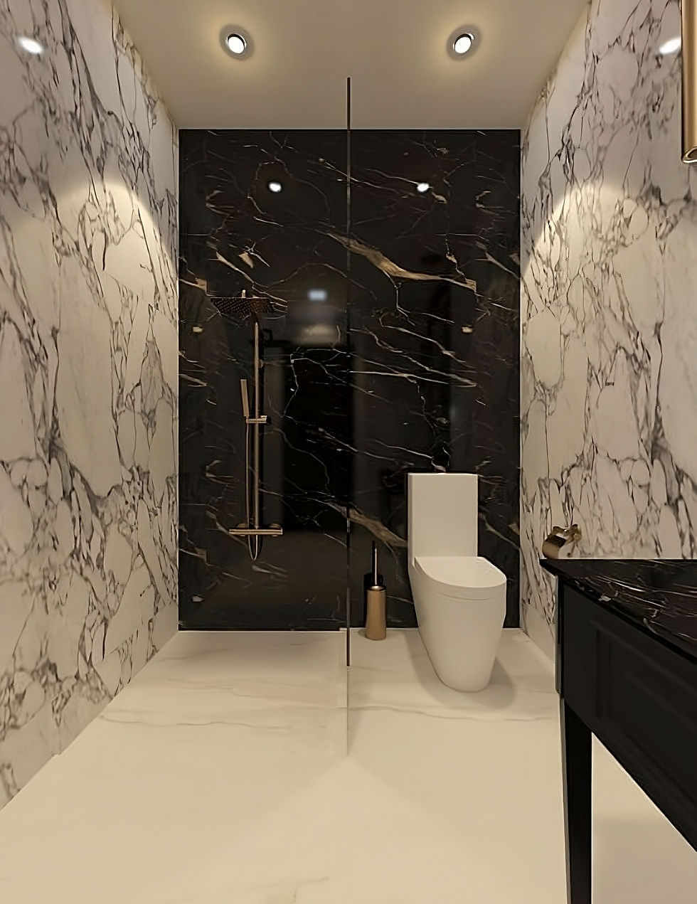 Baño elegante moderno con puertas de cristal y muros de mármol sintético blanco y negro