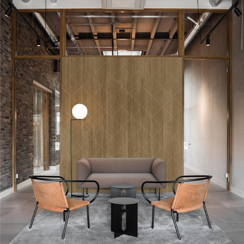 Modern office lounge with wood wall