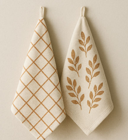 Two beige kitchen towels hang side by side; one has a brown diamond grid, the other has a leaf pattern. Minimalist and tidy backdrop.
