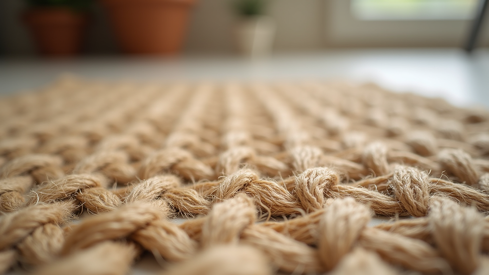 Close-up view of a jute rug with natural fiber texture