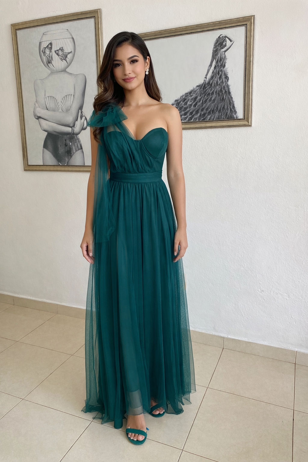 M114 verde de Tul, con doble abertura en pierna 